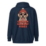 Smiling Golden Retriever puppy with beanie and sunglasses, Golden Holiday Vibes design on a unique back print zip hoodie for dog moms and dads