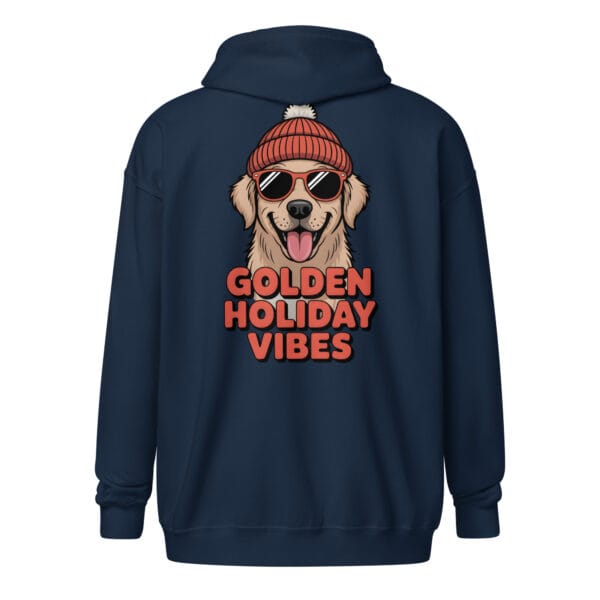 Smiling Golden Retriever puppy with beanie and sunglasses, Golden Holiday Vibes design on a unique back print zip hoodie for dog moms and dads