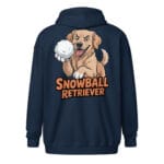 Cheerful Golden Retriever puppy throwing a snowball with a mischievous grin on a unique back print zip hoodie for dog moms and dads