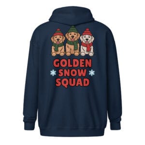 Three Golden Retriever puppies in winter gear with Golden Snow Squad text on a unique back print zip hoodie for dog moms and dads