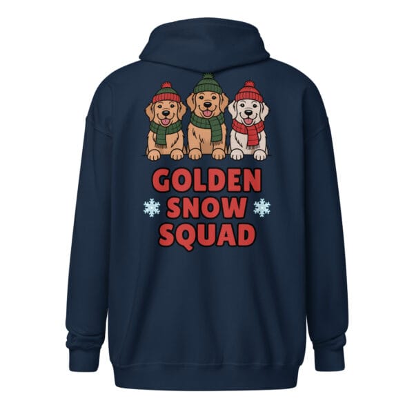 Three Golden Retriever puppies in winter gear with Golden Snow Squad text on a unique back print zip hoodie for dog moms and dads