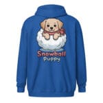 Golden Retriever puppy popping out of snowball unique back print zip hoodie winter style
