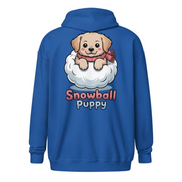 Golden Retriever puppy popping out of snowball unique back print zip hoodie winter style