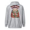Kawaii Golden Retriever puppy wrapped in a blanket with hot cocoa on a unique back print zip hoodie gift for dog moms and dads