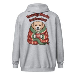 Kawaii Golden Retriever puppy wrapped in a blanket with hot cocoa on a unique back print zip hoodie gift for dog moms and dads