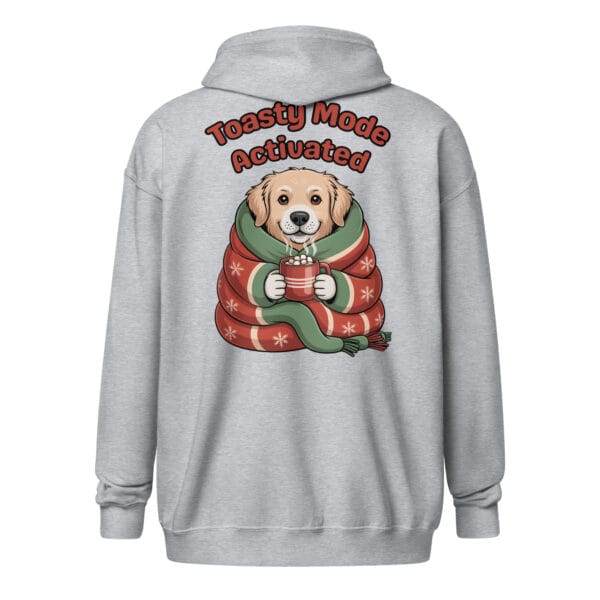 Kawaii Golden Retriever puppy wrapped in a blanket with hot cocoa on a unique back print zip hoodie gift for dog moms and dads