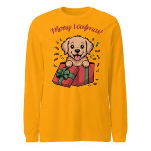 Cheerful Golden Retriever puppy popping out of a Christmas gift box with Merry Woofmas text on a long sleeve tee for dog moms and dads