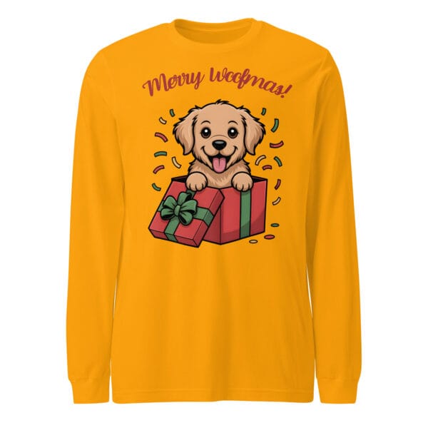 Cheerful Golden Retriever puppy popping out of a Christmas gift box with Merry Woofmas text on a long sleeve tee for dog moms and dads
