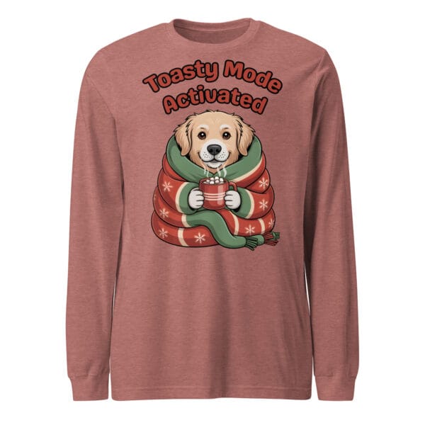 Kawaii Golden Retriever puppy wrapped in a blanket with hot cocoa on a Christmas long sleeve tee gift for dog moms and dads