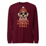 Smiling Golden Retriever puppy wearing a beanie and sunglasses with Golden Holiday Vibes text on a long sleeve tee for dog moms and dads