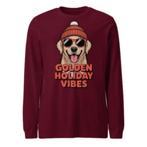 Smiling Golden Retriever puppy wearing a beanie and sunglasses with Golden Holiday Vibes text on a long sleeve tee for dog moms and dads