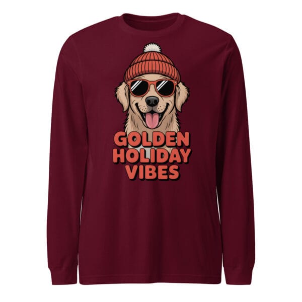 Smiling Golden Retriever puppy wearing a beanie and sunglasses with Golden Holiday Vibes text on a long sleeve tee for dog moms and dads