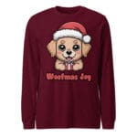 Kawaii Golden Retriever puppy with Santa hat holding a gift on a maroon Christmas long sleeve t-shirt