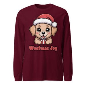 Kawaii Golden Retriever puppy with Santa hat holding a gift on a maroon Christmas long sleeve t-shirt