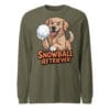 Cheerful Golden Retriever puppy throwing a snowball with a mischievous grin on a long sleeve tee for dog moms and dads