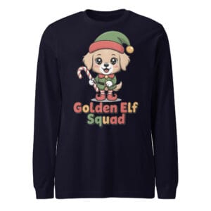 Kawaii Golden Retriever puppy Christmas elf squad design on navy blue unisex long sleeve tee