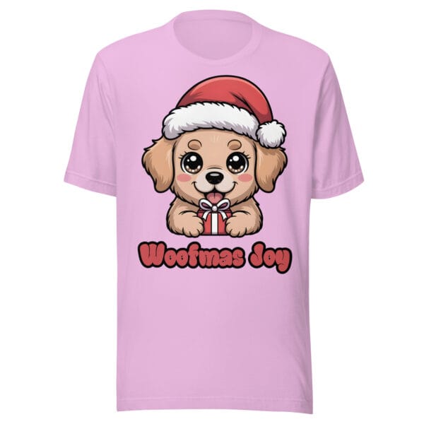 Kawaii Golden Retriever puppy with Santa hat holding a gift on a pink Christmas t-shirt