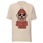 Smiling Golden Retriever puppy with beanie and sunglasses, Golden Holiday Vibes t-shirt for dog moms and dads
