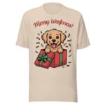 Cheerful Golden Retriever puppy popping out of a Christmas gift box with Merry Woofmas text on a t-shirt for dog moms and dads