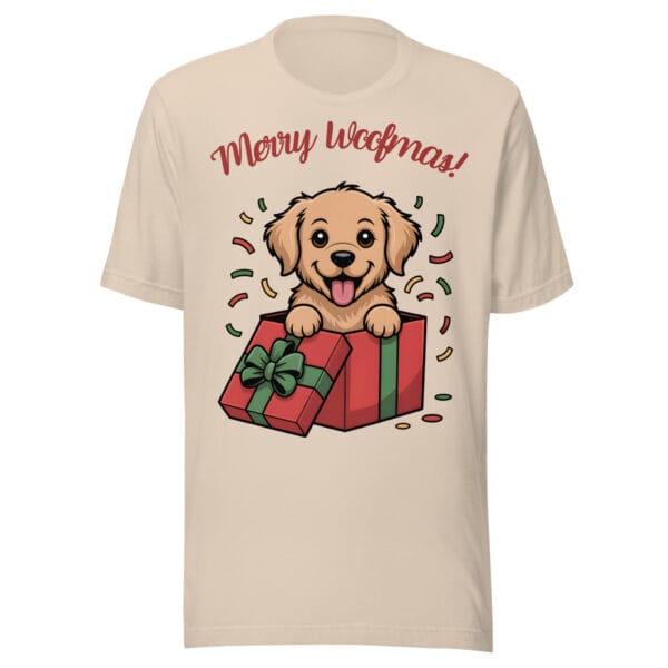 Cheerful Golden Retriever puppy popping out of a Christmas gift box with Merry Woofmas text on a t-shirt for dog moms and dads