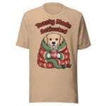 Kawaii Golden Retriever puppy wrapped in a blanket with hot cocoa on a sand color Christmas t-shirt