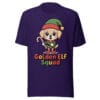 Kawaii Golden Retriever puppy dressed as a Christmas elf with candy cane on a purple t-shirt