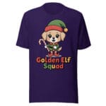 Kawaii Golden Retriever puppy dressed as a Christmas elf with candy cane on a purple t-shirt